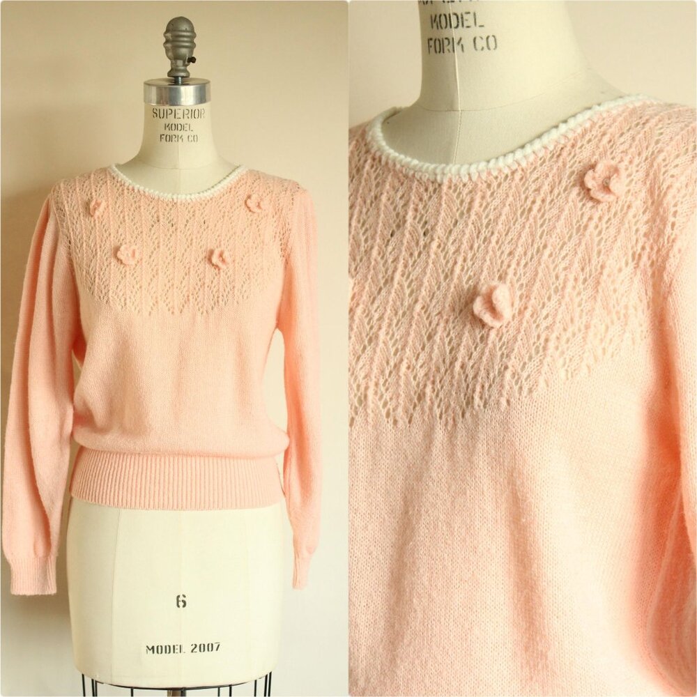 Vintage 1980s Sweater, Rt Mind Pink Pointelle Knit Pullover, Bishop Sleeve